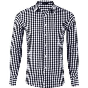 Slim Fit Plaid Checkered Gingham Long Sleeve Dress Shirt Dark Blue Tartan Small